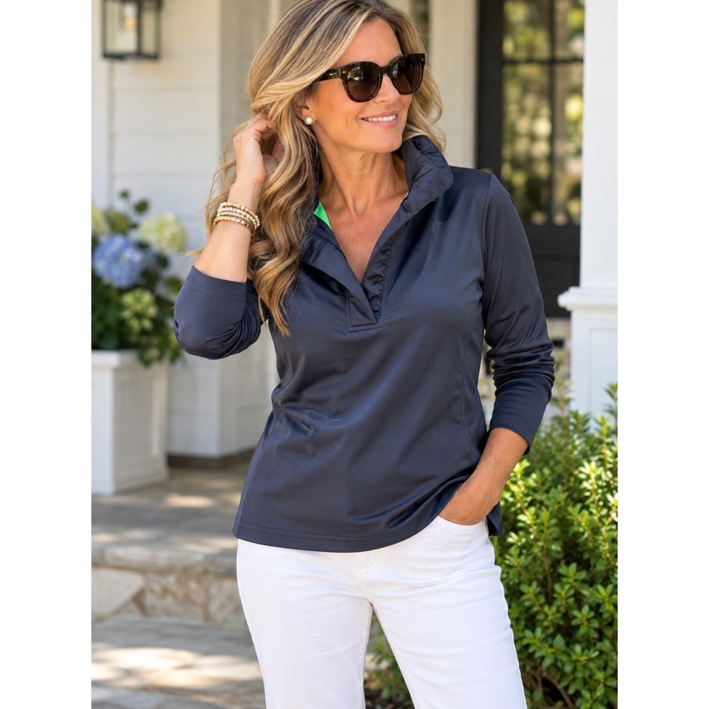 Gretchen Scott Navy Blue Lime Green Ruffneck 3/4 Sleeve Top Medium
